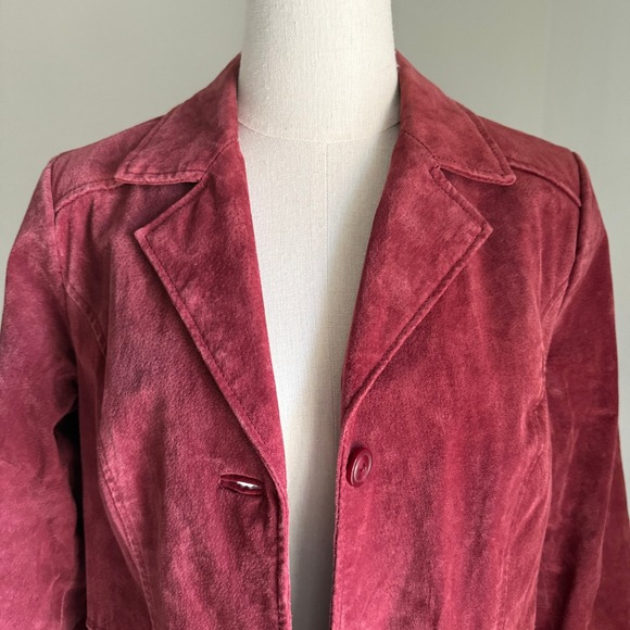 Burgundy 100% Leather Suede Trench Coat Jacket Small Denim & Co Academia Boho - Picture 2 of 16